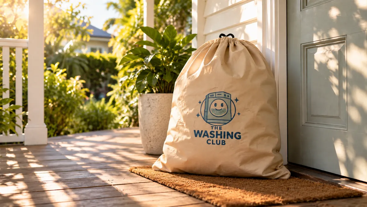 A Washing Club laundry bag delivered back to a front door in the morning sun