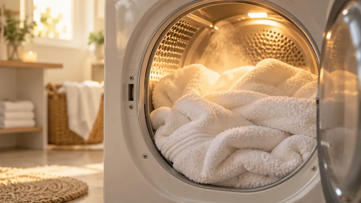 Warm, fluffy white towels in a tumble dryer