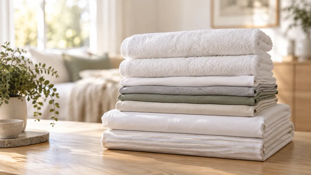 A neat stack of freshly folded towels, clothes and sheets