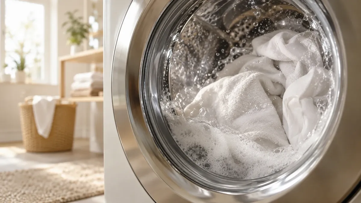 White towels and linen washing in a front-loading machine