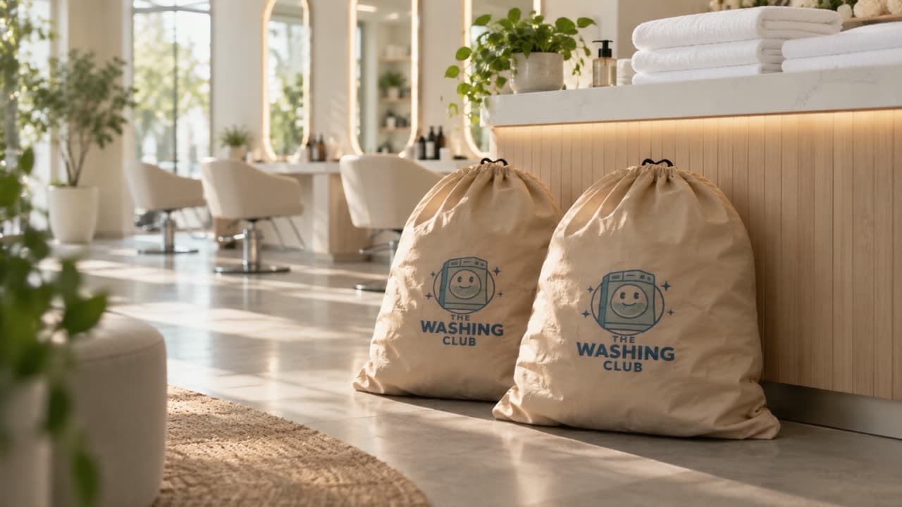Washing Club laundry bags ready for pickup beside a Brisbane salon reception desk