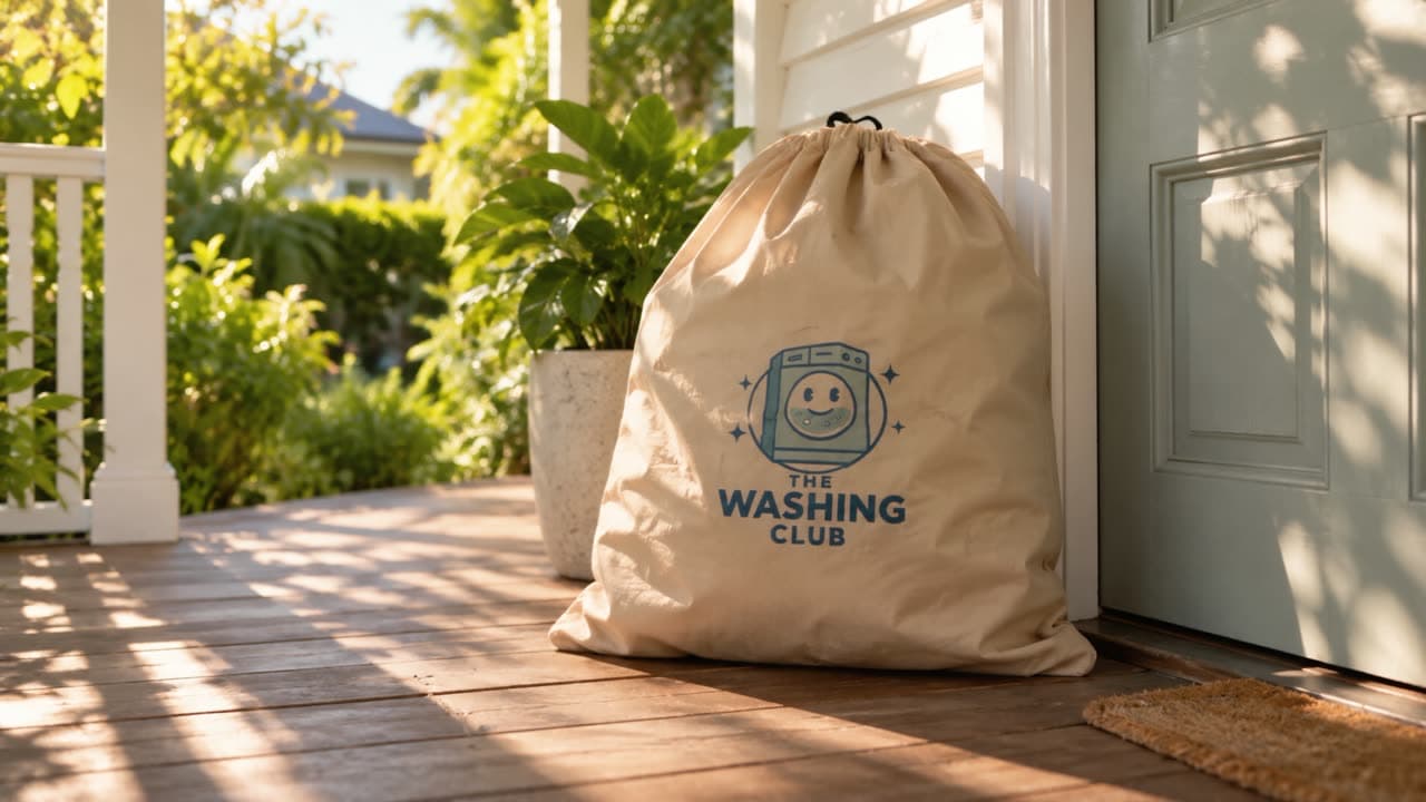 A Washing Club laundry bag waiting for pickup on the front verandah of a Brisbane home